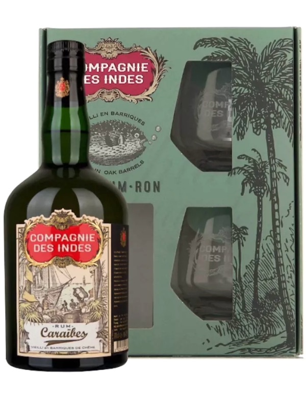 Compagnie des Indes Caraibes Rum gift pack 2 glass 40% 70 cl